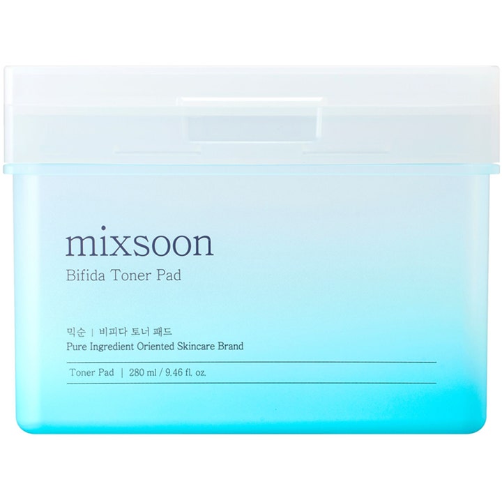 Mixsoon Bifida Toner Pad 280 ml beroligende ansigtspleje i lyseblå tonet plastbeholder med hvidt låg