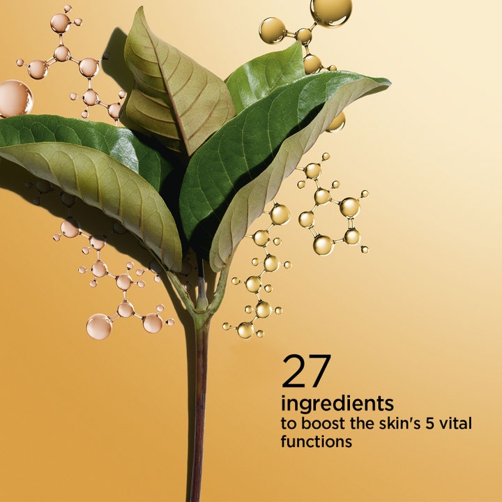 Clarins Double Serum 30 ml fugtgivende serum med grønne blade og tekst om 27 ingredienser på guld baggrund