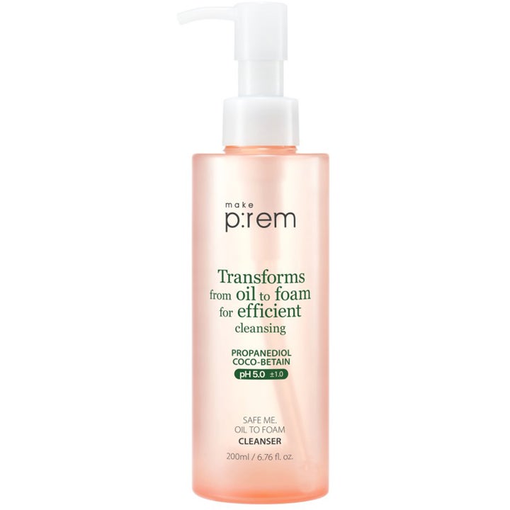 Make P:rem Safe Me. Oil to Foam Cleanser 200ml effektiv ansigtsrens i ferskenfarvet flaske med hvid pumpe
