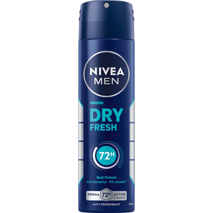 Nivea Men Dry Fresh 150 ml antiperspirant spray der giver 72 timers beskyttelse i en mørkeblå spraydåse med sølvdetaljer
