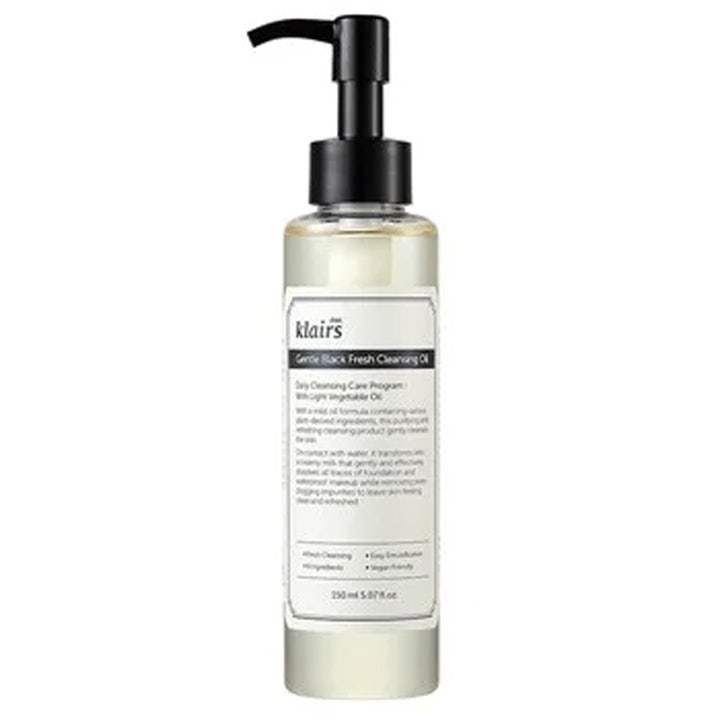 Klairs Gentle Black Fresh Cleansing Oil 150ml opfriskende renseolie i klar plastflaske med sort pumpe.