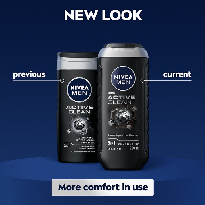 NIVEA MEN Active Clean 250 ml showergel med aktivt kul i ny sort flaske sammenlignet med det gamle design