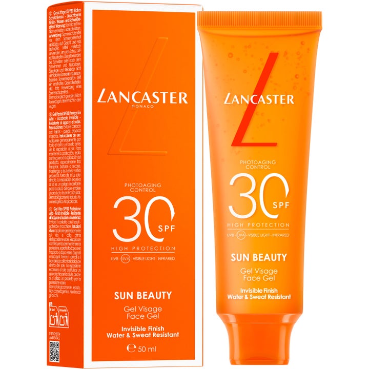 Lancaster Sun Beauty Face Gel 50 ml solcreme til ansigtet i orange tube og æske med tydelig SPF 30 tekst.