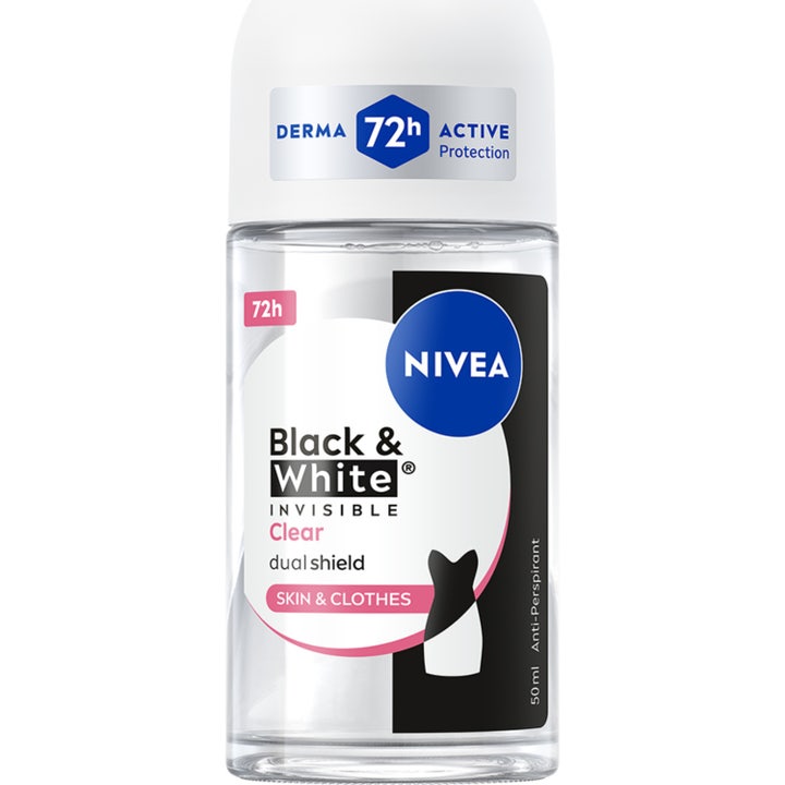 Nivea Black & White Invisible Clear 50 ml anti-perspirant mod pletter i gennemsigtig glasflaske med lyserød hætte