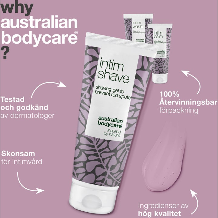 Australian Bodycare Intimbarbering Kit 400 ml mod røde knopper viser tre hvide tuber og cremet lyserød tekstur.