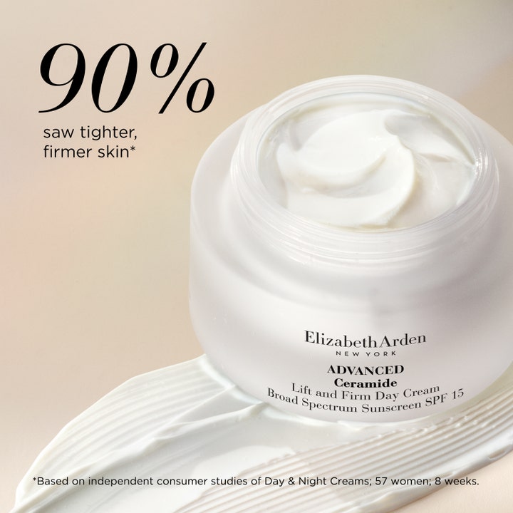 Elizabeth Arden Ceramide Lift &amp; Firm 50 ml dagcreme SPF15 giver fastere hud i hvid krukke med tekstur og 90% saw tighter skin.