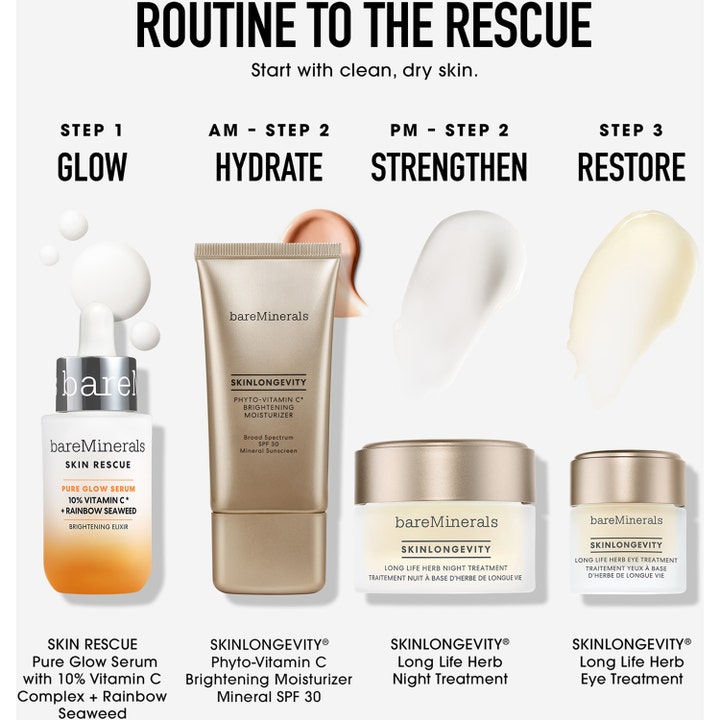 bareMinerals Skin Rescue Pure Glow Serum 30 ml lysteraputisk hudplejerutine med serum og ansigtscremer