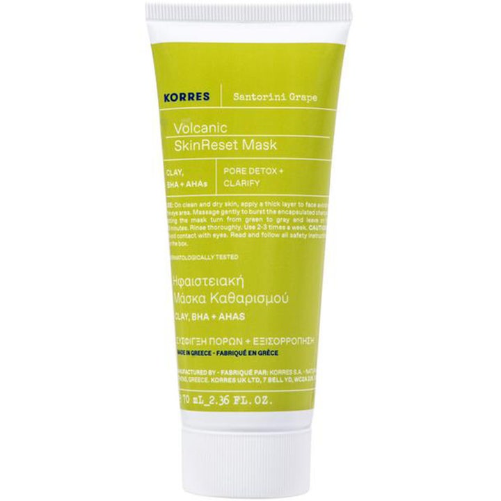 Korres Santorini Grape Volcanic SkinReset Mask 70 ml ansigtsmaske til pore-detox i limegrøn tube med hvidt låg