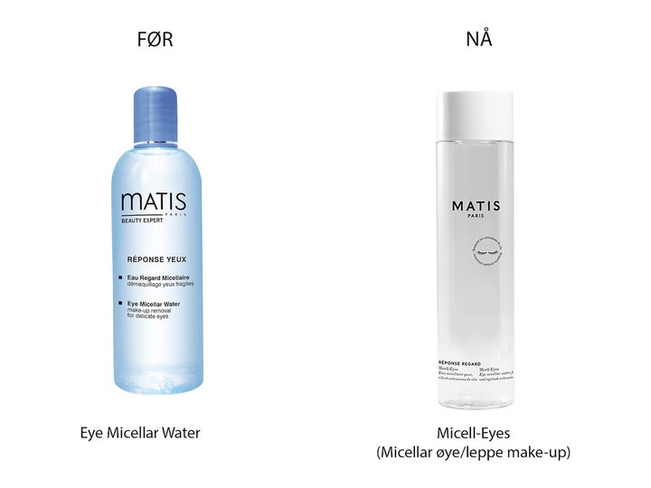 Matis Réponse Regard Micell-Eyes 150 ml øjenmakeupfjerner før og efter sammenligning af ny og gammel flaske