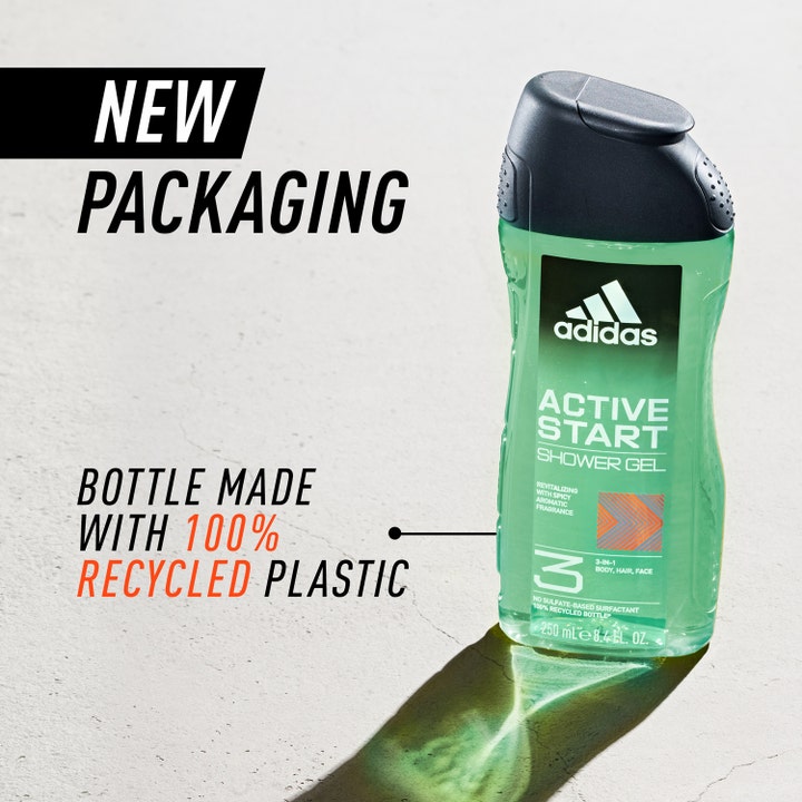 Adidas Active Start For Him Shower Gel 400 ml i flaske af 100% genanvendt plast med grøn opfriskende gel.