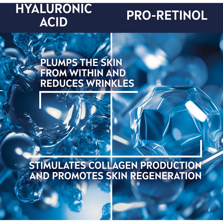 NIVEA Anti Age Hyaluron ansigtscreme 50 ml reducerer rynker med hyaluronsyre og pro-retinol vist i blå grafik