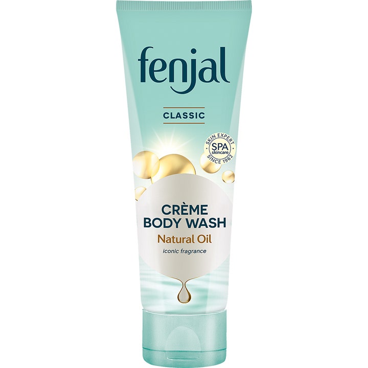 fenjal Classic Crème Body Wash plejende showergel i mintgrøn tube med gyldne oliedråber der giver blød hud