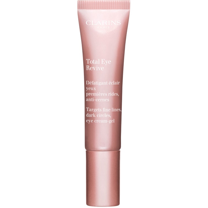 Clarins Total Eye Revive øjencreme-gel mod mørke rande i en metallisk lyserød tube med matchende låg