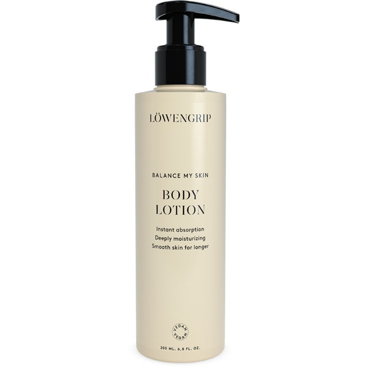 Löwengrip Balance My Skin Body Lotion 200 ml fugtgivende bodylotion i beige flaske med sort pumpe der giver blød hud