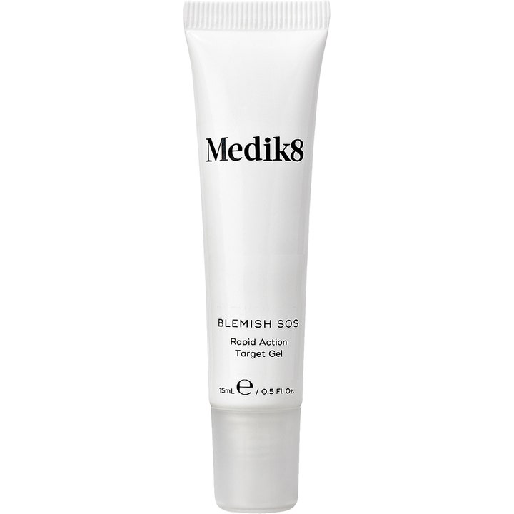 Medik8 Blemish SOS 15 ml gel mod urenheder i hvid tube med sort skrift og gennemsigtig hætte.