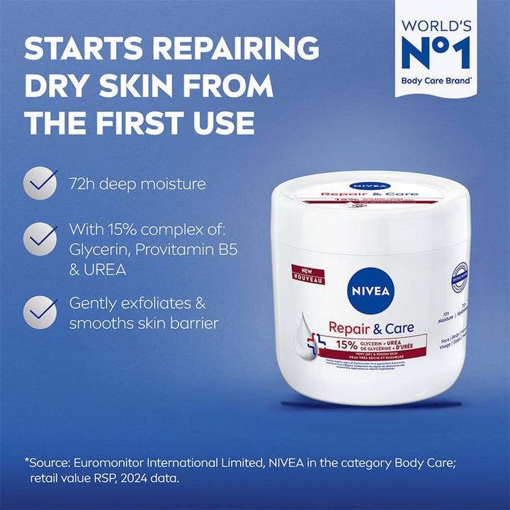 NIVEA Repair & Care Body Cream 400 ml kropscreme med 15% glycerin og urea i hvid krukke til tør hud