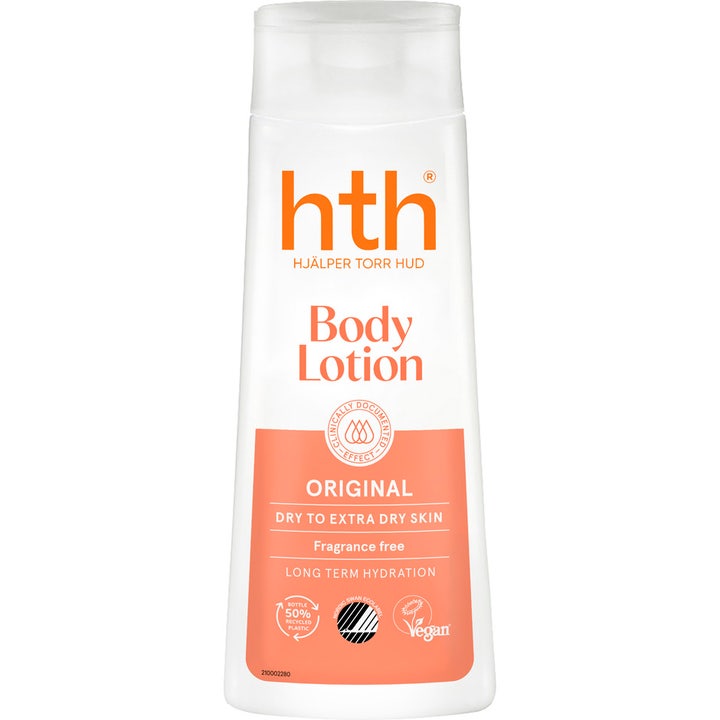HTH Body Lotion Original fugtgivende kropspleje til meget tør hud i hvid plastflaske med orange detaljer