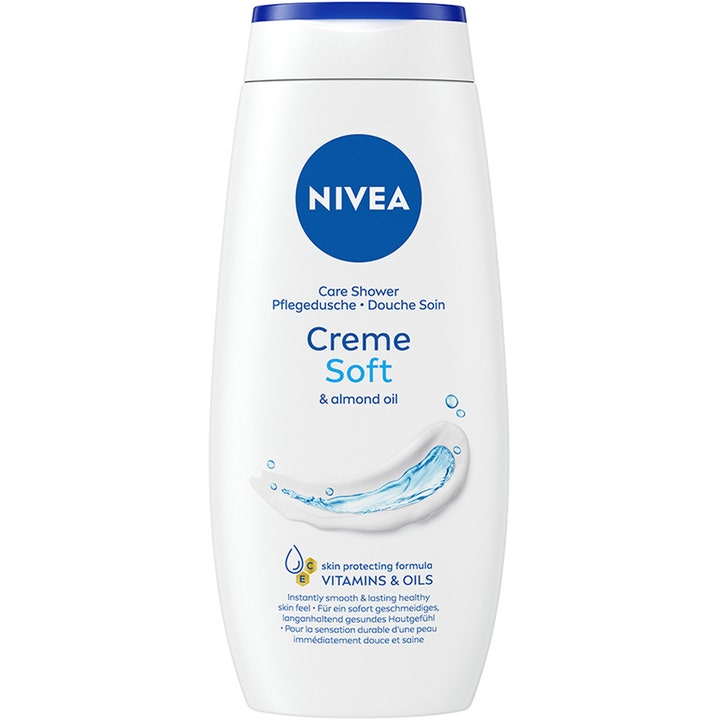NIVEA Creme Soft Shower 250 ml fugtgivende bodyshampoo med mandelolie i hvid plastikflaske med blåt låg
