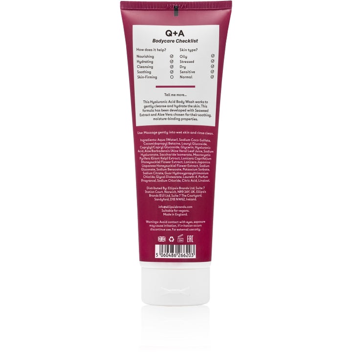 Q+A Hyaluronic Acid Body Wash 250 ml fugtgivende duschtvål bordeaux tube set bagfra med label og ingrediensliste