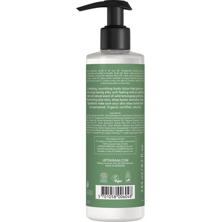 Urtekram Body Lotion Wild Lemongrass 245 ml fugtgivende hudpleje på flaske med sort pumpe og grøn label.