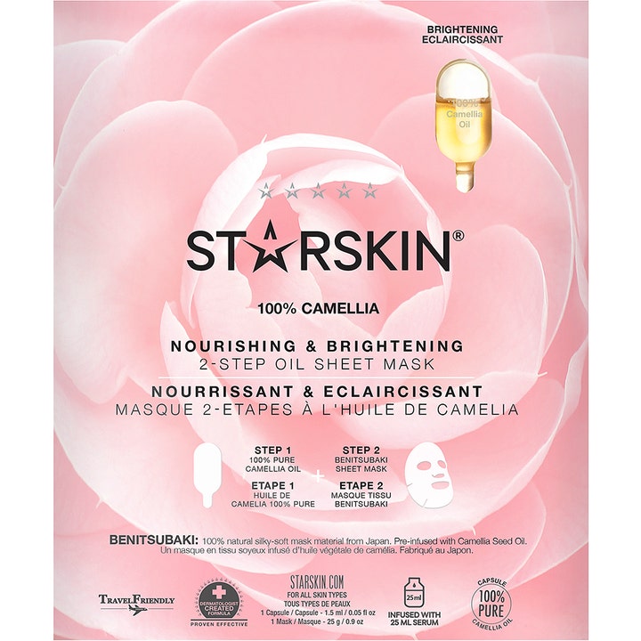 Starskin 100% Camellia 2-Step Oil Sheet Mask 25 g plejer huden i lyserød indpakning med blomster og guld kapsel