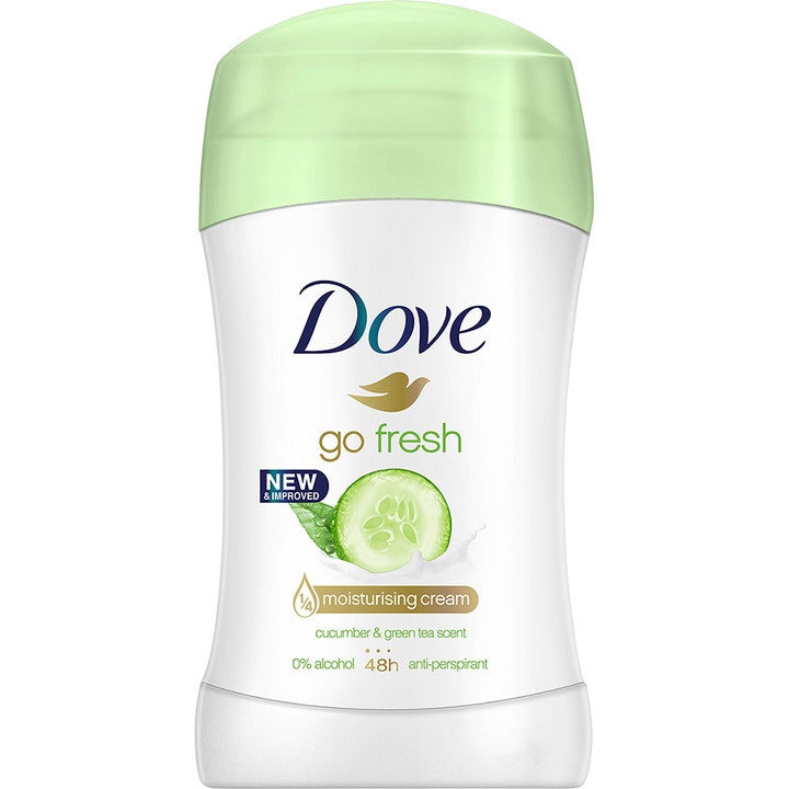 Dove Go Fresh Cucumber & Green Tea fugtgivende antiperspirant stick i hvid beholder med lysegrønt låg og agurk