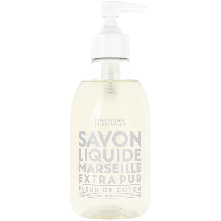Compagnie de Provence Savon Liquide Marseille Fleur de Coton 500ml flydende sæbe i gennemsigtig flaske med hvid pumpe.