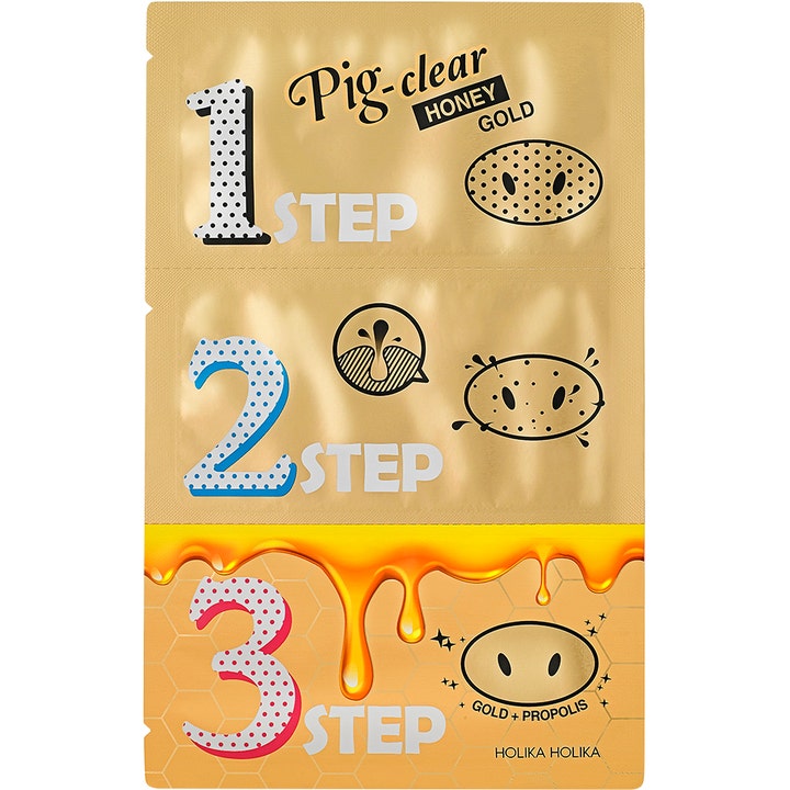 Holika Holika Pig Clear Honey Gold 3 Step Kit rensende ansigtsmaske i gylden emballage med honningillustration
