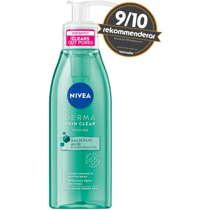NIVEA Derma Skin Clear Wash Gel 150 ml ansigtsrens i turkis pumpeflaske med salicylsyre der renser porer