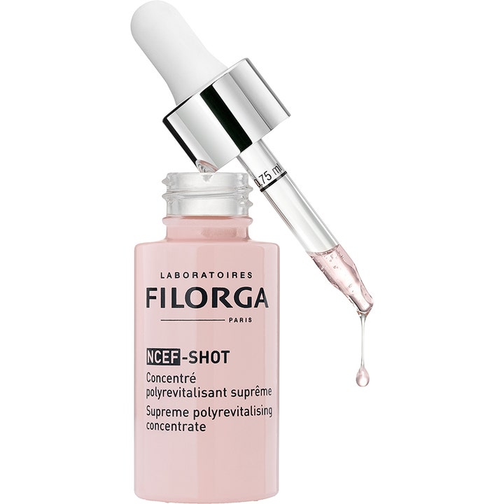 Filorga NCEF-Shot 15 ml revitaliserende ansigtsserum i lyserød glasflaske med pipette der drypper
