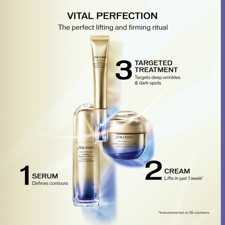 Shiseido Vital Perfection LiftDefine Radiance Serum 40 ml hudpleje ritual der definerer konturer i guld og blå flasker