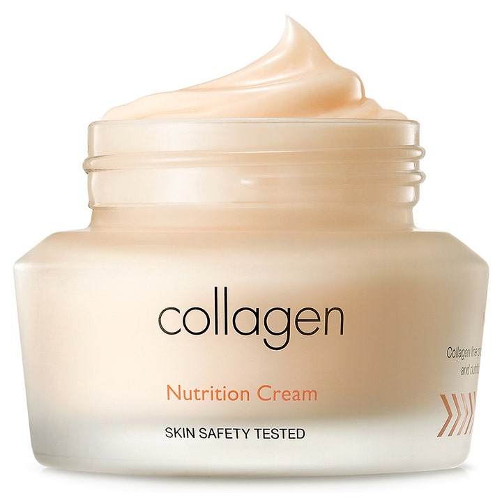 It'S SKIN Collagen Nutrition Cream 50 ml nærende ansigtscreme i åben krukke med blød ferskenfarvet tekstur