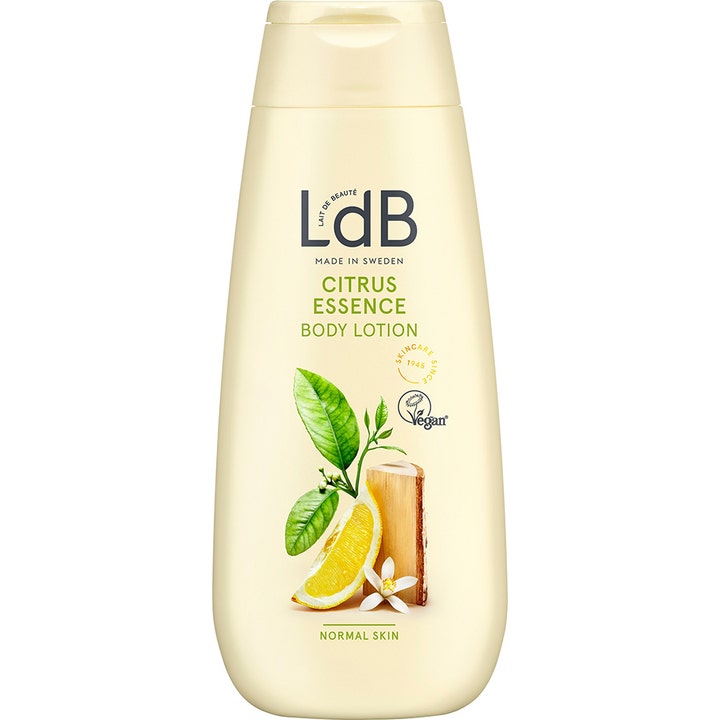 LdB Citrus Essence Body Lotion giver fugt til normal hud i en cremet gul flaske med illustration af citron og træ.