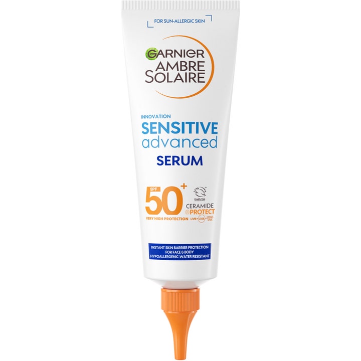 Garnier Ambre Solaire Sensitive Advanced Serum SPF 50+ solcreme til sensitiv hud i hvid tube med orange spids
