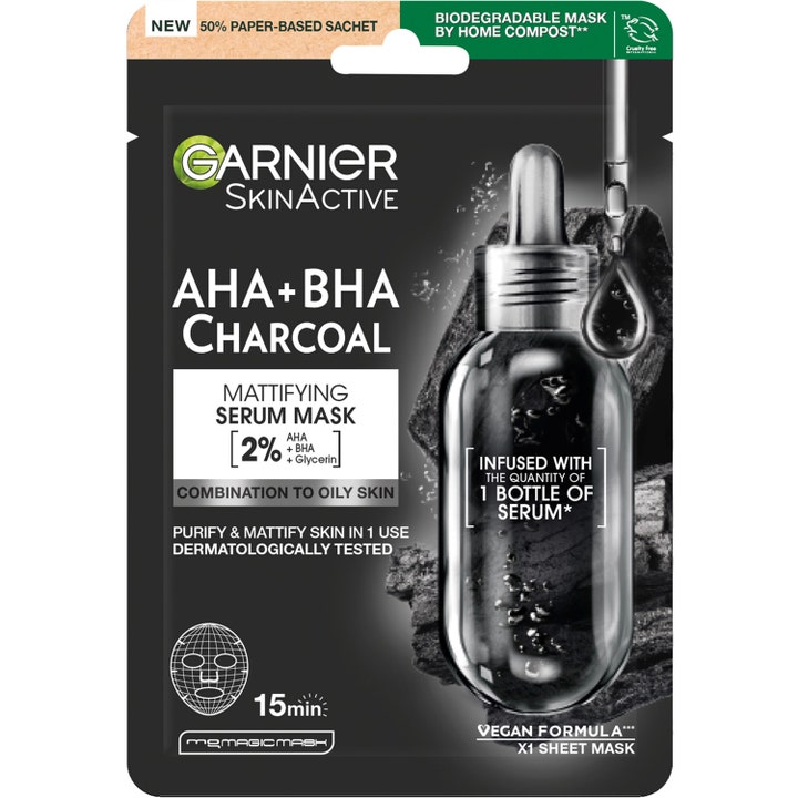 Garnier SkinActive AHA + BHA Charcoal 1 stk matterende sheet maske i sort sachet med kulstykker og serum.