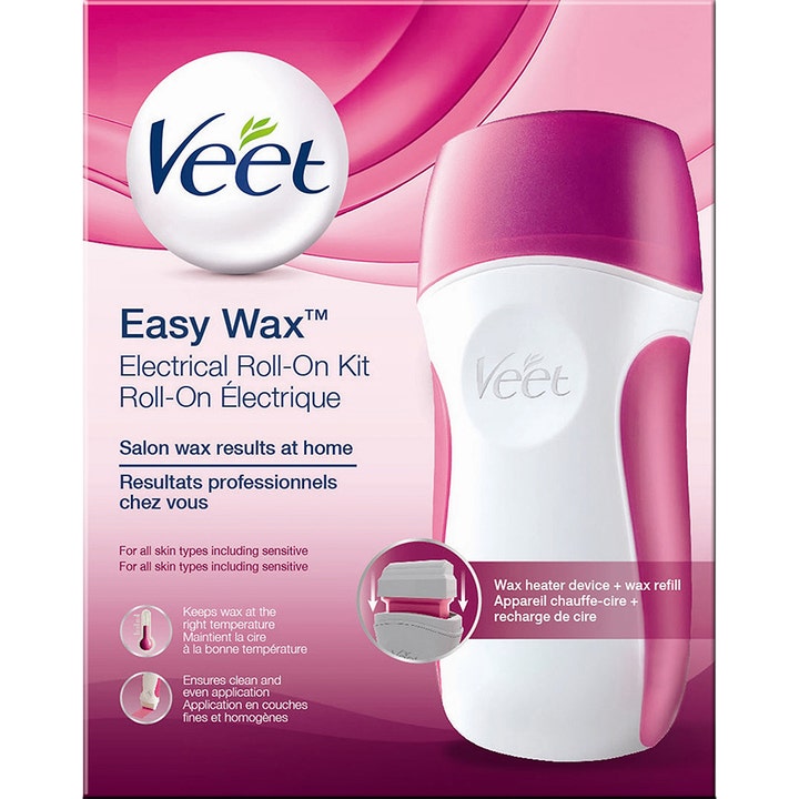 Veet Easy Wax Electrical Roll On Kit til hårfjerning skaber salonresultater med en pink og hvid voksvarmer