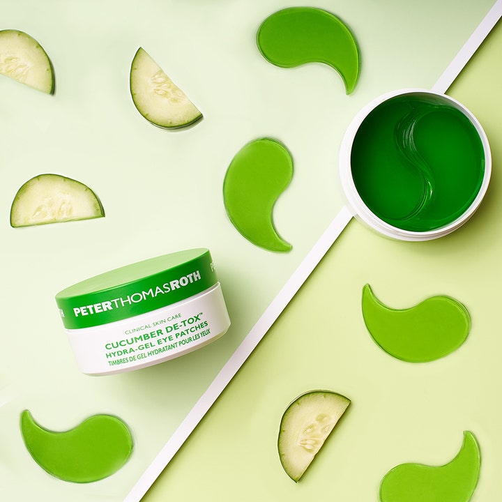 Peter Thomas Roth Cucumber De-Tox Hydra Gel Eye Patches 60 stk fugtgivende øjenmasker med grønne patches og agurkeskiver.