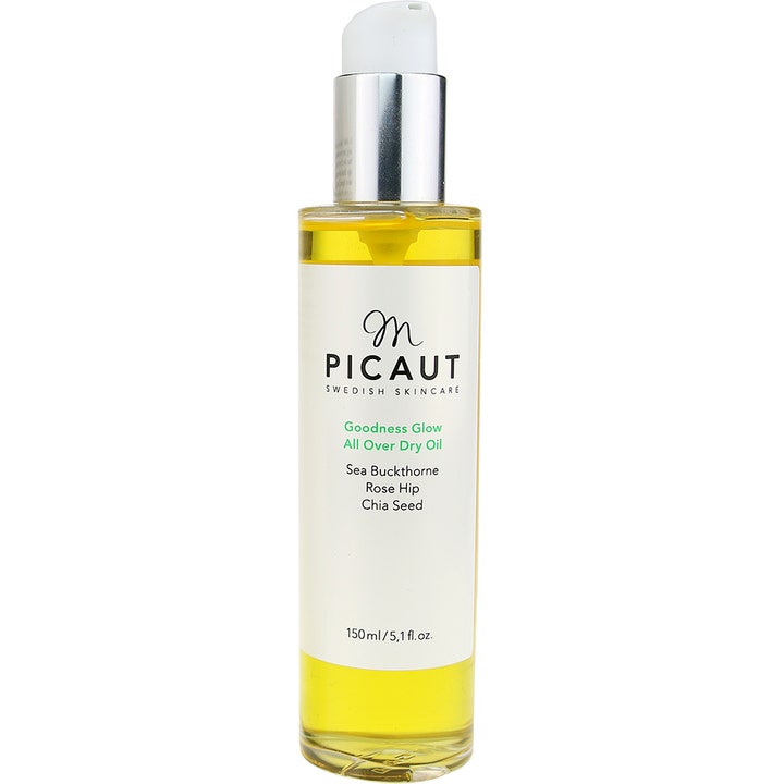 M. Picaut Goodness Glow All Over Dry Oil 150 ml giver glødende hud i en klar flaske med gul olie og sølvpumpe.