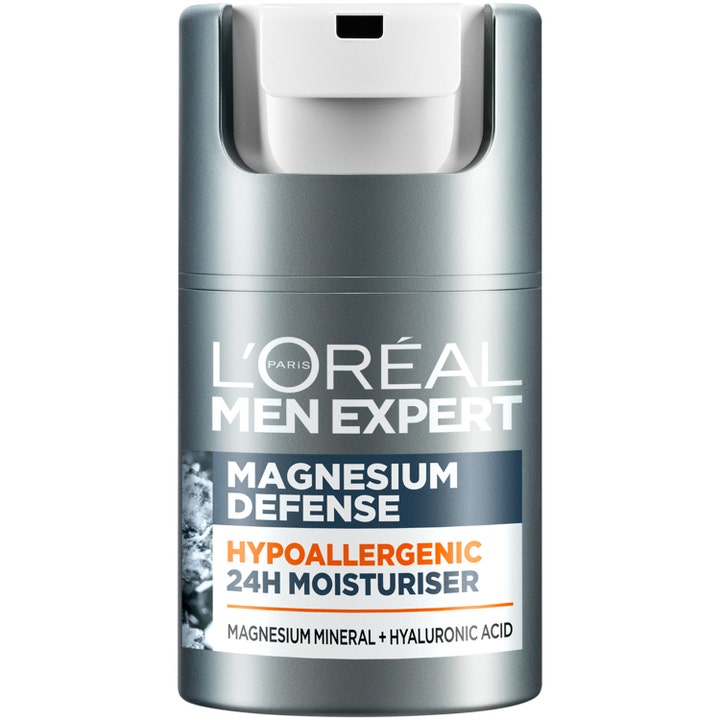 L'Oréal Men Expert Magnesium Defense 24H Moisturiser fugtighedscreme i grå metalfarvet beholder med pumpe