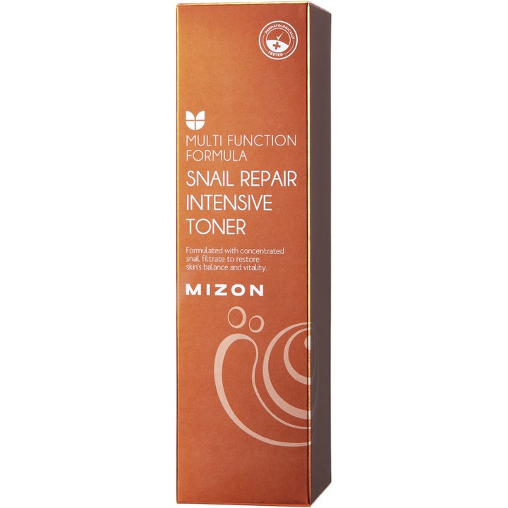 Mizon Snail Repair Intensive Toner 100 ml genopbyggende toner i en brun bronzefarvet papæske med hvid skrift