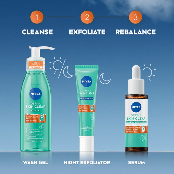NIVEA Derma Skin Clear 30 ml serum i en hudplejerutine med vaskegelé og eksfoliering mod urenheder.