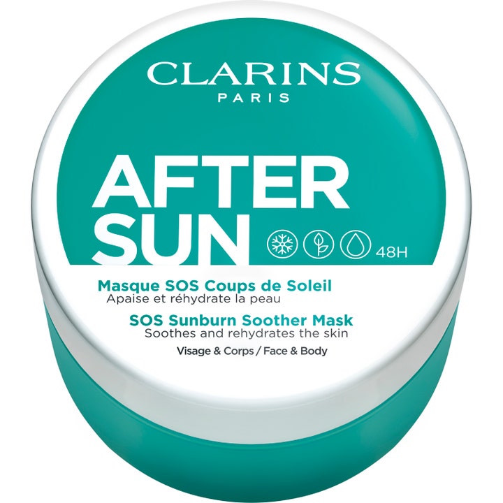 Clarins After Sun SOS Sunburn Soother Mask beroligende aftersun-maske i en turkis krukke med hvidt låg