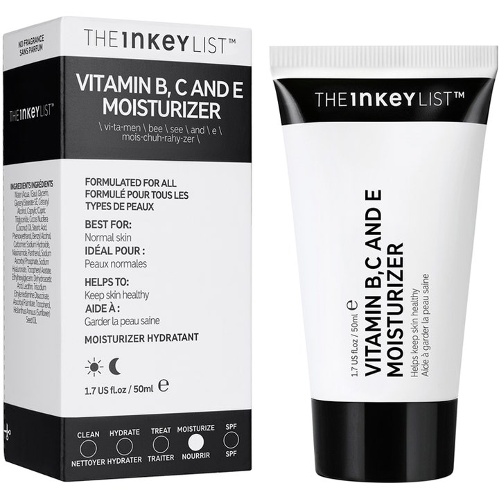 The INKEY List Vitamin B, C and E Moisturizer 50 ml fugtgivende ansigtscreme i hvid og sort tube og æske