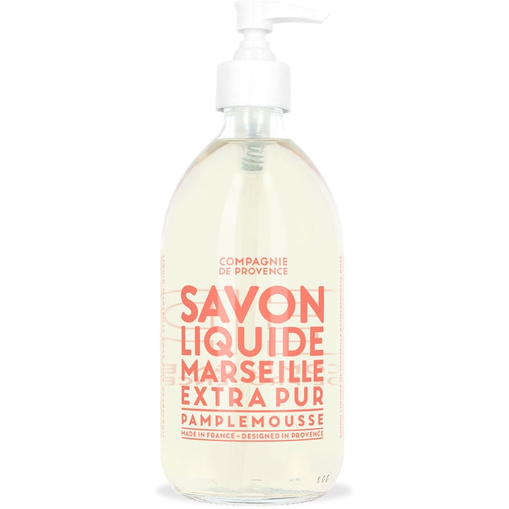 Compagnie de Provence Savon Liquide Pamplemousse 500ml håndsæbe i klar flaske med hvid pumpe og lyserød tekst