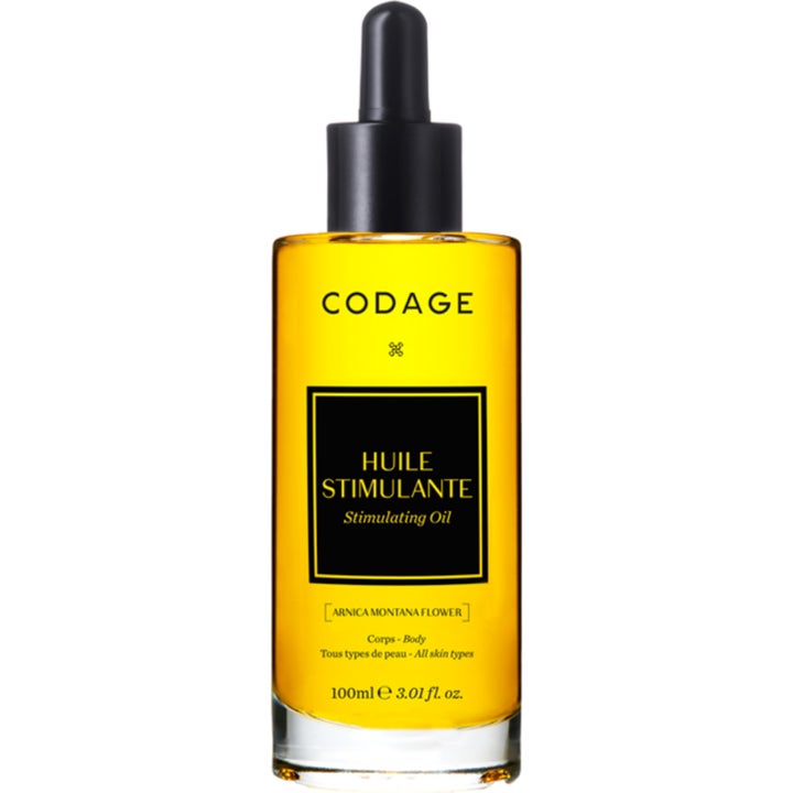 Codage Huile Stimulante 100 ml stimulerende kropsolie i klar glasflaske med gylden olie og sort pipette