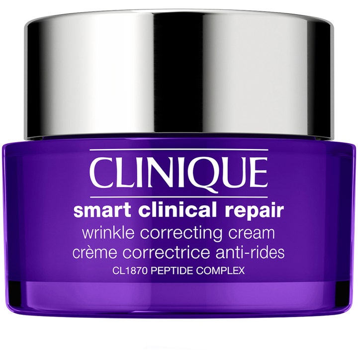 Clinique Smart Clinical Repair Wrinkle Correcting Cream med peptidkompleks i lilla glaskrukke med sølvlåg
