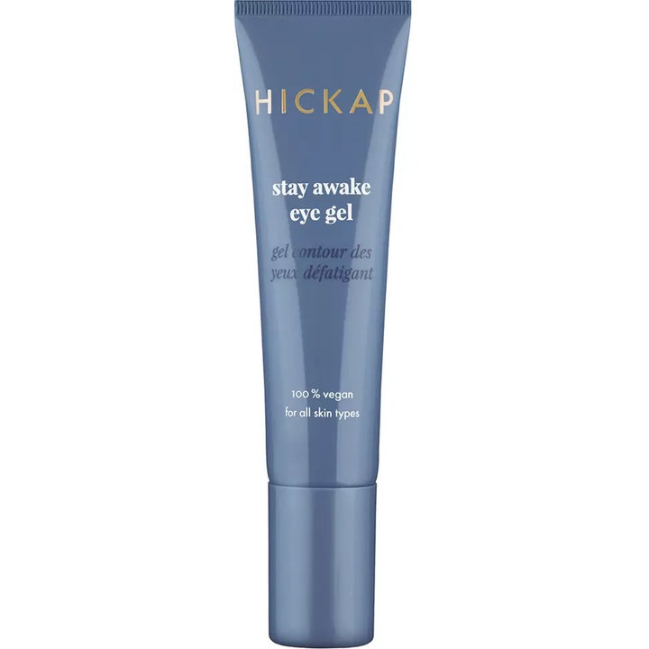 Hickap Stay Awake Eye Gel 15 ml vegansk øjengelé mod træthedstegn i en slank blågrå tube med guldfarvet logo