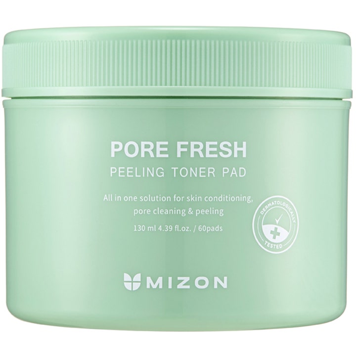 Mizon Pore Fresh Peeling Toner Pad 60 stk eksfolierende toner pads der renser porer i lysegrøn krukke med hvid tekst