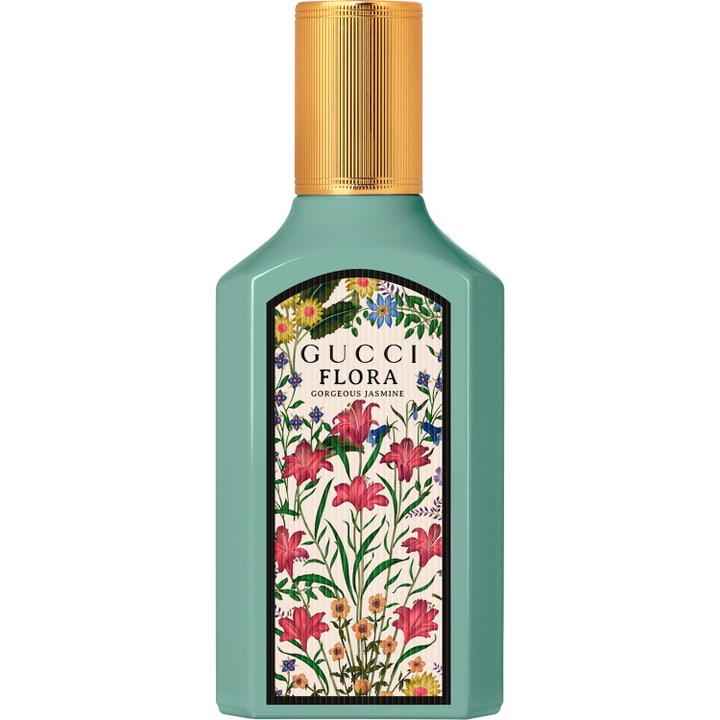 Gucci Flora Gorgeous Jasmine Eau de Parfum 50 ml i turkis glasflakon med blomstermotiv og guldfarvet låg