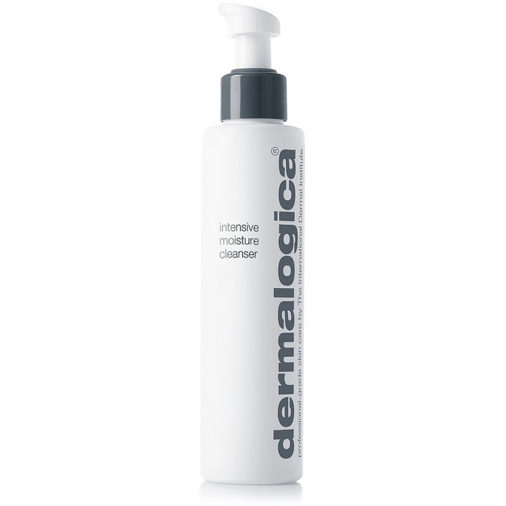 Dermalogica Intensive Moisture Cleanser fugtgivende ansigtsrens i hvid plastflaske med grå pumpe og hvid tud